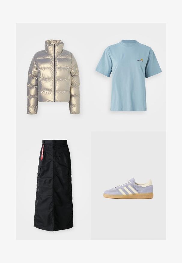 Chaqueta acolchada metálica plateada, diseño cropped, cuello alto, cierre frontal, textura acolchada con costuras horizontales, puños elásticos.; Camiseta de algodón de manga corta en azul claro con cuello redondo y pequeño logo de Carhartt en amarillo y rojo en el lado izquierdo del pecho.; Falda larga negra con botones y cremallera en el frente, bolsillos laterales tipo cargo y una etiqueta de tela roja "Retirar antes del vuelo" en la cinturilla.; Zapatillas de ante púrpura con tres rayas blancas, suela de goma y acentos crema en el talón y la lengüeta. Diseño minimalista con detalle de logo.