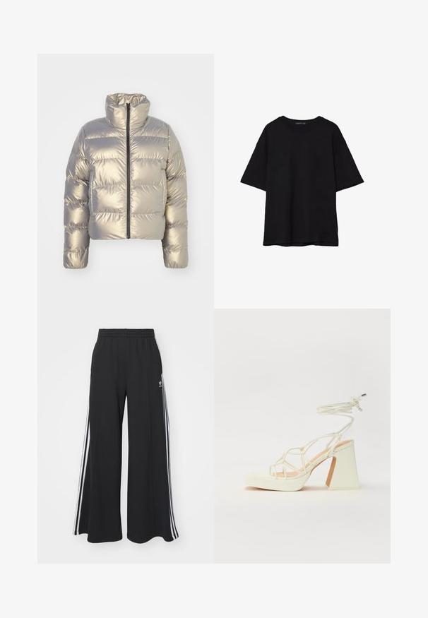 Metallic silberne Pufferjacke, cropped Design, hoher Kragen, Reißverschluss vorne, gestepptes Material mit horizontalen Nähten, elastische Bündchen.; Schwarzes Baumwoll-T-Shirt mit lässiger Passform, kurzen Ärmeln, runder Ausschnitt und glatter Textur. Keine sichtbaren Muster oder Akzente.; Schwarze weite Sweatpants mit elastischem Bund, versehen mit weißen Seitestreifen und einem gestickten Logo auf dem linken Oberschenkel.; Weiße High-Heel-Sandale mit einem klobigen Absatz, die über ein Riemchendesign und ein Knöchelband verfügt. Glatte Textur mit einer Plattform vorne für zusätzliche Höhe.