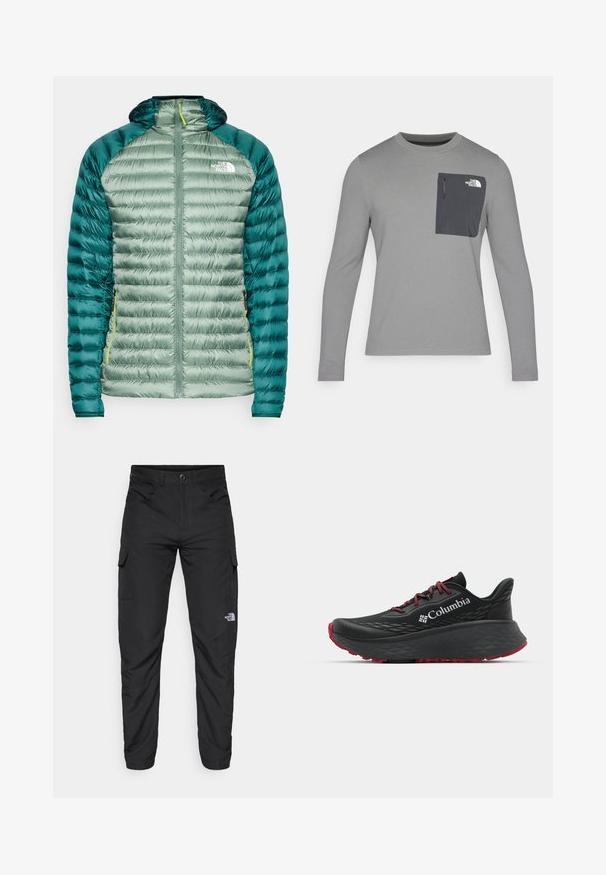 Grønn dunjakke med hette. Har et quiltet design, glatt skall og kontrasterende mørkegrønne ermer. Inkluderer en glidelås foran og logo på brystet.; Langermet grå skjorte med strukturert stoff, med en mørk grå brystlomme og glidelås. Logo på lommen i hvitt.; The North Face HORIZON PANT - Friluftsbukser - black; Svart treningssko med teksturert overdel, røde snører og logo. Tykksåle med mønstrede dekk for bedre veigrep. Minimalistisk design, sidevinkel.