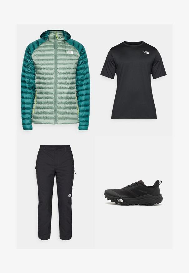 Jachetă verde din puf cu glugă. Are un design matlasat, un material exterior neted și mâneci de un verde închis contrastant. Include un fermoar frontal și un logo pe piept.; Tricou negru cu mânecă scurtă, fabricat dintr-un material ușor și cu proprietăți de îndepărtare a umidității. Prezentă un logo alb pe partea stângă a pieptului și un decolteu tip echipaj.; The North Face WINTER EXPLORATION TAPERED CARGO  - Pantaloni outdoor - black; Pantofii de alergare pe teren accidentat, de culoare neagră, cu un superior texturat, talpă din cauciuc și vârf întărit. Prezintă un guler căptușit și o bandă de prindere pentru îmbrăcare ușoară.