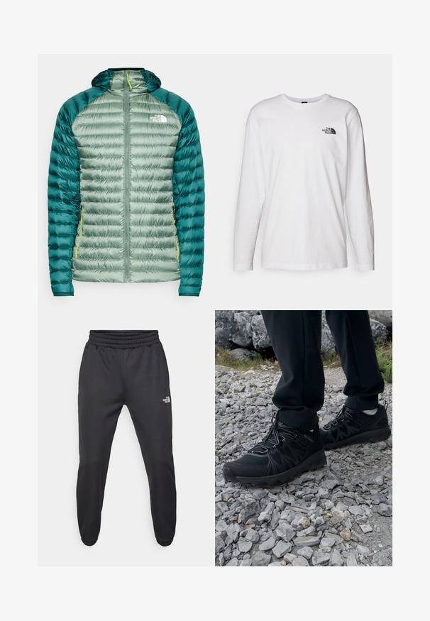 Grøn dunjakke med hætte. Har et kviltet design, glat yderstof og kontrasterende mørkegrønne ærmer. Inkluderer en forside med lynlås og logo på brystet.; Hvid langærmet T-shirt lavet af bomuld med rund hals. Har et lille sort logo på brystet. Glat tekstur, almindelig pasform.; Sorte sweatpants med snor i livet, tætsiddende pasform, elastiske manchetter og et lille hvidt logo på venstre lår, lavet af glat stof.; Sorte udendørssko med mesh og syntetisk materiale, med en tekstureret overdel, sikre snørebånd og en robust ydersål, på klippelandskab.