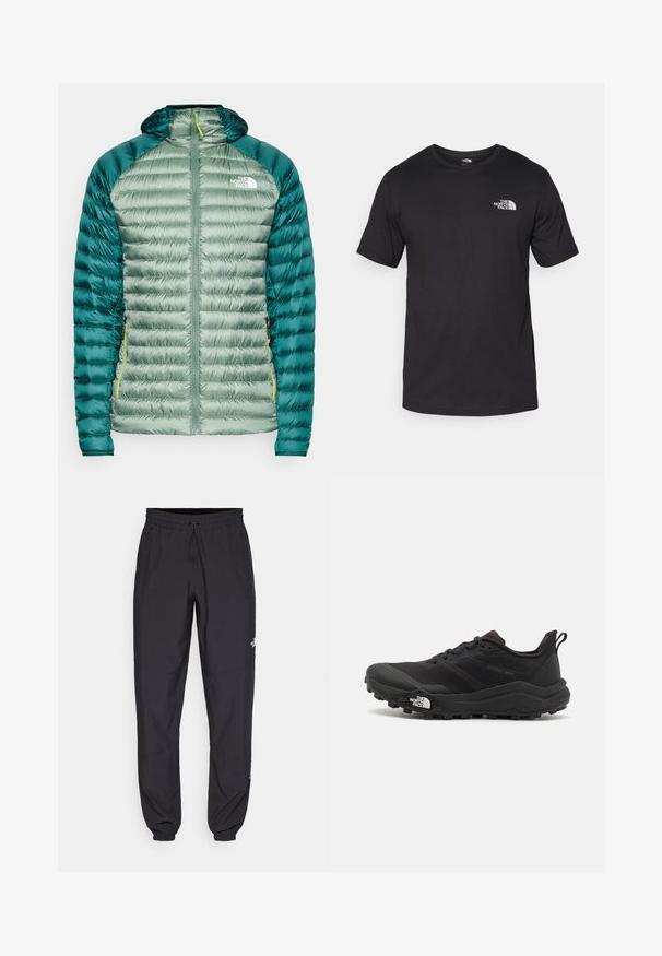 Zöld pehelydzseki kapucnival. Steppelt kialakítással, sima felsőrésszel és kontrasztos sötétzöld ujjal rendelkezik. Elöl cipzárral és logóval a mellkasán.; Fekete rövidujjú pamut póló, kerek nyakkivágással, a bal felső mellkason egy kis fehér logóval.; Fekete sportnadrág, könnyű anyagból készült, húzózsinóros derékkal, oldalsó zsebekkel és szűkített szárakkal a bokáknál.; Fekete terepfutó cipő, textúrált felső résszel, gumitalppal és megerősített lábujjrészével. Párnázott bokarésszel és húzófüllel rendelkezik a könnyű felhúzáshoz.