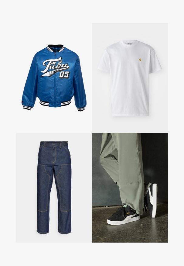 Sinine satiinist pommijakk, millel on mustad ja valged ribigöösid, esiküljel on silmapaistev valge ja must logo "Fubu League 05".; Valge puuvillane t-särk lühikeste varrukatega, ümmargune kaelus, millel on väike kuldne logo vasakul rinnal. Pehme tekstuur ja regulaarne lõike.; Tumedast sinisest denimmaterjalist teksad kõrge talje, sirge sääre disainiga, kontrastsete õmblustega ning ees taskud plaastritega.; Mustad nubukist spordijalatsid valgete kummist tallade ja külgriidega, koos heleda rohelise cargo-pükstega, seistes tekstureeritud tumedal pinnasel.