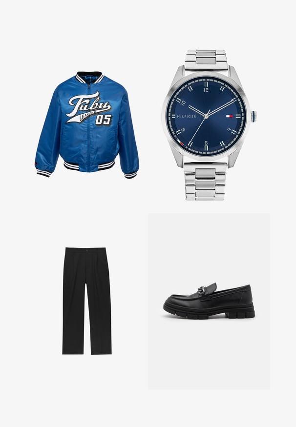 Modrá saténová bombarďácká bunda s černobílými žebrovanými manžetami, v přední části nese výrazné bílo-černé logo "Fubu League 05".; Dvoubarevné upnuté topy bez rukávů v černé a bílé barvě. Vyrobené z žebrované bavlny, mají široká ramínka a zaoblené výstřihy. Branding na límci.; Černé kalhoty s rovnými nohavicemi, vyrobené z hladké tkaniny. Mají přední záhyby a jedno knoflíkové zapínání v pase.; Černé kožené mokasíny s kulatou špičkou, dekoračním páskem a kovovými prvky, a masivní texturovanou podrážkou. Hladký povrch s jemnými detaily.; Stříbrné kovové hodinky s broušeným modrým ciferníkem, bílými hodinovými indexy a zobrazením data. Mají spojený kovový pásek a logo značky.