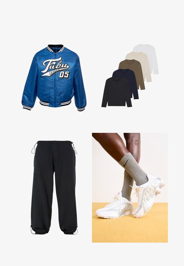 Modrá saténová bombarďácká bunda s černobílými žebrovanými manžetami, v přední části nese výrazné bílo-černé logo "Fubu League 05".; Pět sivých košil s dlouhým rukávem v barevném přechodu: tmavě námořnická, námořnická, olivově zelená, béžová a bílá. Každá má kulatý výstřih a hladkou texturu.; Černé tepláky vyrobené z měkké tkaniny, mají volný střih, elastické manžety a šňůrky v pase pro nastavení velikosti.; Bílé tenisky Nike se stříbrnými akcenty, s texturovanými panely a perforacemi. V kombinaci se šedými žebrovanými ponožkami, na žlutém pozadí.