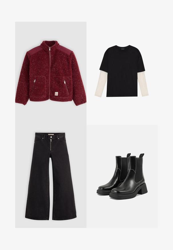 Red fleece jacket with a textured surface, high collar, zip closure, and two front pockets. Features contrasting shoulder panels.; Black T-shirt made of cotton, featuring short sleeves over a white long-sleeve layer with a subtle textured pattern. Crew neckline design.; Wide-leg jeans in black denim with a zippered front, five-pocket design, and subtle stitching details. Smooth texture and casual style.; Black leather Chelsea boots with a chunky heel, elastic side panels, and contrasting white stitching. Textured finish.
