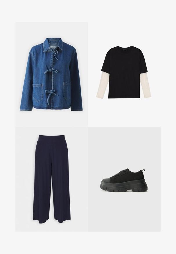 Τζάκετ από τζιν σε σκούρο μπλε χρώμα με χαλαρή γραμμή, διαθέτει γιακά ανοιχτού τύπου, κλείσιμο με κορδόνια και δύο εμπρός πατσαριζόμενες τσέπες.; Μαύρο μπλουζάκι από βαμβάκι, με κοντά μανίκια πάνω από ένα λευκό μπλουζάκι με μακριά μανίκια και διακριτό υφασμάτινο σχέδιο. Σχέδιο με στρογγυλή λαιμόκοψη.; Πλατιά παντελόνια σε σκούρο ναυτικό ύφασμα με ριχτή υφή. Διαθέτουν ένα λείο ζωνάκι και ρέουσα σιλουέτα, φτάνοντας στο μήκος του μέσου μοσχαριού.; Μαύρα αθλητικά παπούτσια με χοντρή καουτσουκένια σόλα, υφασμάτινη υφή στην κορυφή, στρογγυλή μύτη και σχέδιο με κορδόνια. Διαθέτουν ενισχυμένα δαχτυλίδια και λαβή στο πίσω μέρος.