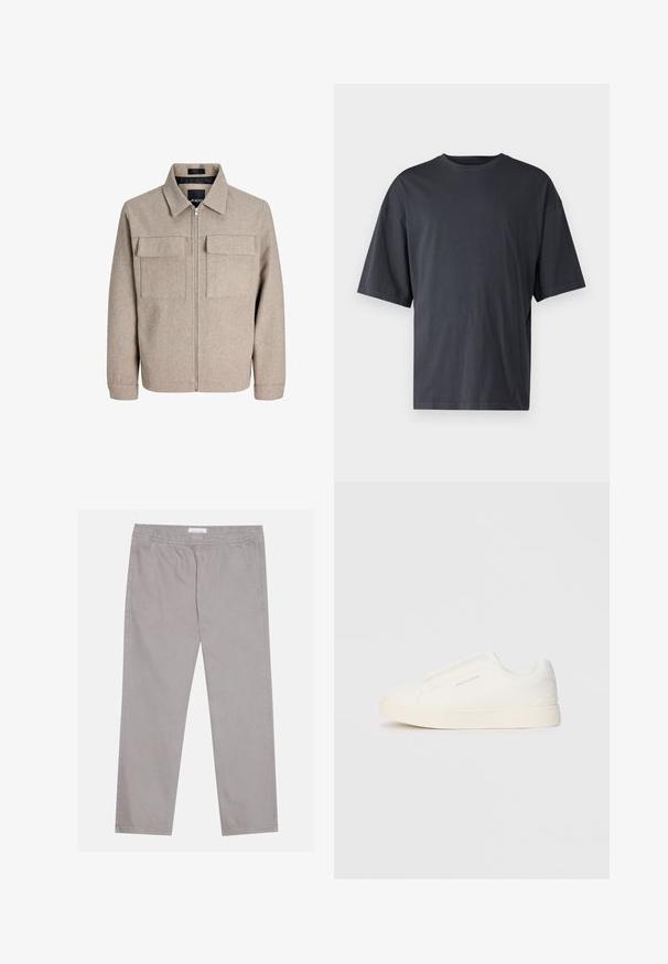 Beige, strukturert jakke med krage, frontlås og to brystlommer. Har rett snitt og lange ermer.; Mørk grå kortermet t-skjorte laget av lett bomull, med løs passform og klassisk rund hals, med ensartet tekstur og uten mønstre.; Lys grå bomullsbukser med elastisk midje, to sidelommer, rett ben-design og en jevn tekstur. Enkle sømdetaljer.; Hvite slip-on joggesko med teksturert overflate, tykk såle og minimalistisk design. Har merkevarelogo på siden.