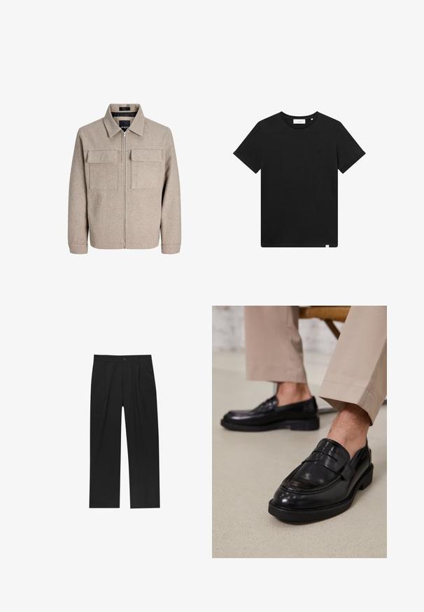 Bež jakna s teksturom, s ovratnikom, prednjim zatvaračem na zip i dva džepa na prsima. Ima ravnu kroj i duge rukave.; Crna kratka majica s kratkim rukavima od pamuka, s okruglim izrezom i malim logotipom izvezenim na prsima. Glatka tekstura, standardni kroj.; Crne hlače ravnog kroja, izrađene od glatkog materijala. Imaju prednje nabore i jedan dugme na struku.; Crne kožne mokasine s glatkom obradom, koje imaju dekorativnu traku i kontrastnu šav, u kombinaciji s bež hlačama.