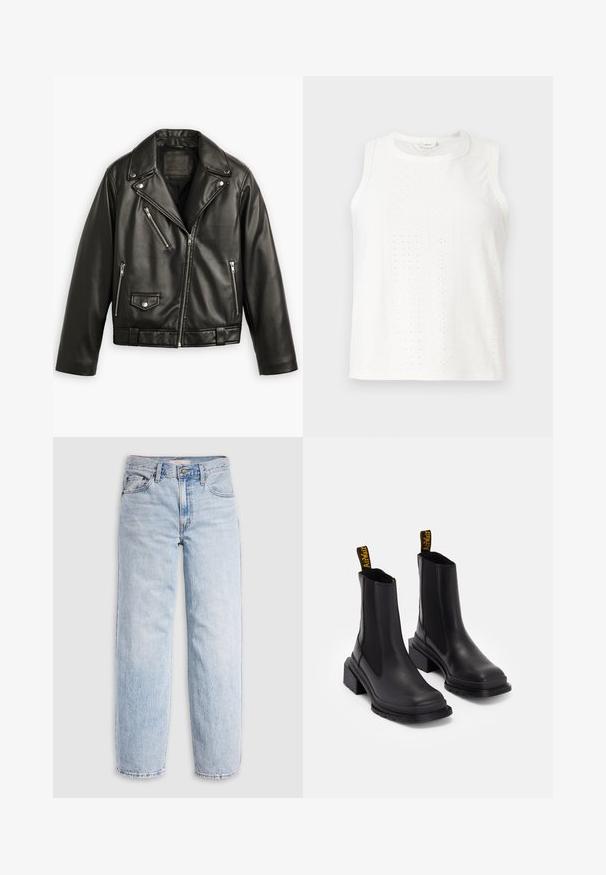 Crna kožna motoristička jakna s skraćenim dizajnom, širokim reverima, nekoliko džepova sa zip zatvaračima i suptilnim sjajem. Ima pojas u struku.; Bijela bezrukavna majica s izrezom u obliku oka, okruglim izrezom i ravnim krojem. Izrađena od lagane tkanine s glatkom teksturom.; Svijetloplave traperice s visokim strukom, opuštenog kroja, ravnih nogavica i klasičnim dizajnom s pet džepova. Vidljive izblijedjele i šavove.; Crne gležnjače od glatke kože s elastičnim bočnim panelima, kvadratnom kapicom i debelim potplatom. Sadrže žute brendirane ručke.