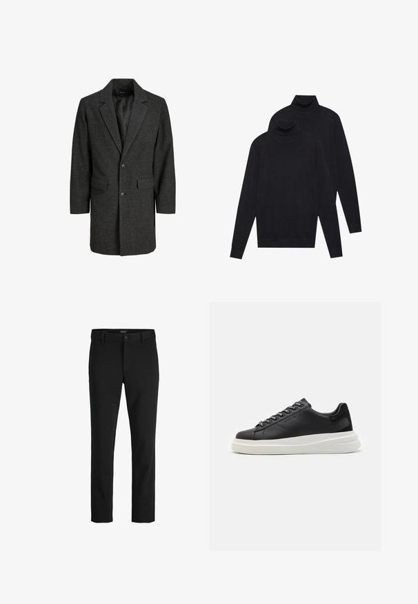 Grå fishtail frakke med spidse klapper, enkelt knaplukning, to forlommer og foret inderside. Klassisk, skræddersyet pasform.; To sorte langærmede turtleneck-trøjer, ensfarvede strikkede, stablet med den ene lidt bag den anden på en hvid baggrund.; Sorte bukser lavet af glat stof, med et klassisk design, lige snit, frontknaplukning og sidelommer.; Sort lædersneaker med en hvid gummisål, der har flade snørebånd og branded øjer. Blød tekstur med en kontrasterende sideaccent.
