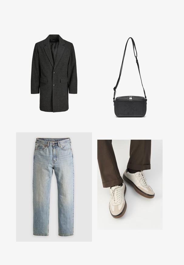 Casaco cinza em espinha de peixe com colarinho em bico, fecho de botão único, dois bolsos frontais e interior forrado. Ajuste clássico e encorpado.; Pull de malha cinza claro com mangas longas, gola redonda, textura de malha e um design simples com um pequeno logotipo acima do ombro esquerdo.; Jeans de ganga azul claro com cintura alta, fecho frontal, zipper e design de cinco bolsos, dispostos de forma plana sobre um fundo neutro.; Tênis bege com frente em camurça texturizada, lados em couro liso e sola em borracha marrom. Inclui cadarços e detalhes de costura clara.; Bolsa de ombro em couro preto com fecho de zip, logótipo em relevo na parte da frente e alça ajustável. Textura suave com formato retangular.
