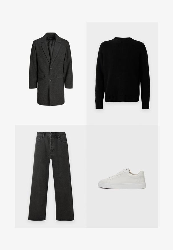 Grau gestreifter Mantel mit Reverskragen, Ein-Knopf-Verschluss, zwei vorderen Taschen und gefüttertem Innenraum. Klassischer, taillierter Schnitt.; Schwarzer Strickpullover mit gerippter Textur, runden Ausschnitt und langen Ärmeln. Einfaches Design; keine zusätzlichen Muster oder Akzente.; Schwarze hochtaillierte, gerade geschnittene Jeans aus Denim mit vorderem Knopf, Reißverschluss und Fünf-Taschen-Design auf weißem Hintergrund.; Weiße Leder-Sneaker im Low-Top-Stil mit runder Zehenform, flacher weißer Gummisohle und minimalistischen Steppnähten. Schnürsenkel sind durch sechs Ösen gesichert.