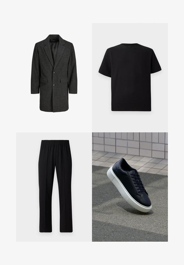 Abrigo gris en patrón espiga con cuello de muesca, cierre de un botón, dos bolsillos frontales y forro interior. Ajuste clásico y entallado.; Camiseta negra de manga corta hecha de tejido texturizado, con un cuello redondo y un corte relajado. Sencilla, sin patrones ni acentos.; Pantalones negros con cintura elástica y diseño de pierna recta, con una textura suave y sin patrones o herrajes visibles.; Zapatilla de cuero negro con punta redonda y suela de goma blanca. Presenta cordones planos y un mínimo de costuras en la parte superior. Suela texturizada para proporcionar agarre.