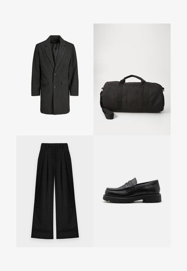 Grå fishtail frakke med spidse klapper, enkelt knaplukning, to forlommer og foret inderside. Klassisk, skræddersyet pasform.; Sort bomulds T-shirt med rund hals, korte ærmer og et tekstureret ovalt logo i en mørkere nuance på brystet. Rød mærkeetiket på halsudskæringen.; Sorte ternede brede bukser med læg, der har en glat tekstur og klassisk design. Letvægtsstof for komfort.; Sorte læder loafers med rund tå, teksturerede detaljer foran og en kraftig gummisål med riller for bedre greb.; Sort duffelbag lavet af slidstærkt stof, med to top-håndtag, en aftagelig skulderrem og en glat, rund form.