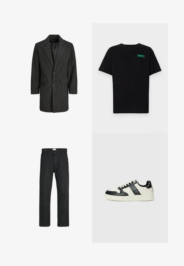 Pelēks hehrmaskas mētelis ar iegrieztu apkakli, vienu pogu aizdari, divām priekšējām kabatām un odere iekšpusē. Klasisks, piegriezts siluets.; Melna kokvilnas t-kreka ar īsām piedurknēm. Uz priekšu ir zaļa "ROOTS" logo, apaļa kakla izgriezums un standarta piegriezums.; Melnas bikses no izturīga auduma, ar taisna griezuma dizainu, izšūtām akcentiem un divām priekšējām kabatām funkcionālitātei.; Ādas sporta apavi ar melnbaltu krāsu shēmu, ar perforētiem akcentiem, mīkstinātu apkakli un teksturētu zoli.