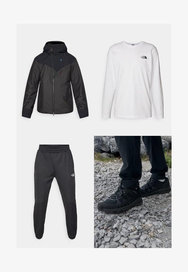 Veste imperméable noire avec capuche, dotée d'une fermeture éclair sur le devant, d'un design en blocs de couleurs diagonaux et d'un logo sur le haut à gauche de la poitrine.; T-shirt blanc à manches longues en coton avec un col rond. Présente un petit logo noir sur la poitrine. Texture lisse, coupe régulière.; Pantalons de survêtement noirs avec une taille à cordon de serrage, coupe fuselée, poignets élastiques et un petit logo blanc sur la cuisse gauche, fabriqués en tissu lisse.; Chaussures d'extérieur noires en matériau synthétique et en maille, présentant une tige texturée, un système de lacets sécurisé et une semelle extérieure robuste, sur un terrain rocailleux.