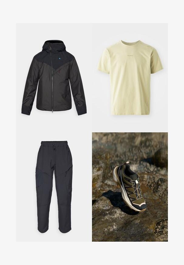 Černá nepromokavá bunda s kapucí, vybavená plným předním zipem, diagonálním barevným blokem a logem na horní levé části hrudi.; Salomon TRACKLINE TEE - Sportovní tričko - gray green; Černé cargo kalhoty vyrobené z lehkého, voděodolného materiálu; mají elastický pas, několik kapes na zip a zúžené nohavice.; Trekové boty v olivově zelené a černé barvě s růžovými detaily. Mají texturovaný svršek, flexibilní podrážku, vyztuženou špičku a barevný systém šněrování.