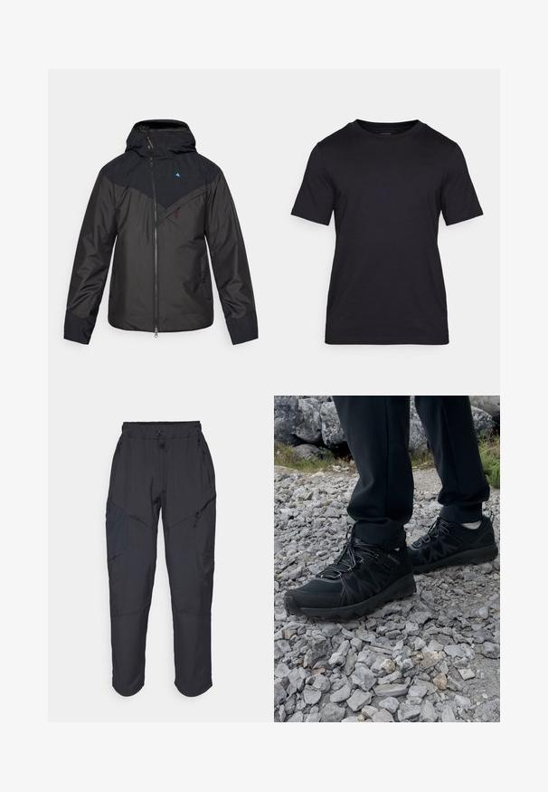 Black waterproof jacket with a hood, featuring a full front zipper, diagonal color block design, and logo on the upper left chest.; Black T-shirt made of smooth fabric, featuring a crew neckline and short sleeves. Subtle branding printed in black on the chest.; Black cargo pants made from a lightweight, water-resistant material; features elastic waistband, multiple zippered pockets, and tapered legs.; Black outdoor shoes with mesh and synthetic material, featuring a textured upper, secured lacing system, and a rugged outsole, on rocky terrain.