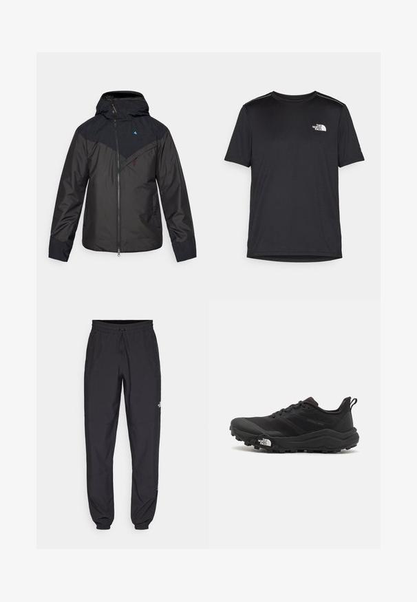 Schwarze wasserdichte Jacke mit Kapuze, ausgestattet mit einem durchgehenden Reißverschluss, diagonalem Farbenblockdesign und Logo auf der linken oberen Brust.; Schwarzes T-Shirt mit kurzen Ärmeln aus leichtem Stoff. Mit einem kleinen weißen Logo auf der linken Brust und dezenten Akzenten an den Schultern.; Schwarze Sporthosen aus leichtem Stoff, mit einem Kordelzugbund, seitlichen Taschen und schmal zulaufenden Bündchen an den Knöcheln.; Schwarzer Trailrunning-Schuh mit strukturiertem Obermaterial, Gummisohle und verstärkter Zehenkappe. Verfügt über einen gepolsterten Kragen und eine Ziehlasche für einfaches Anziehen.