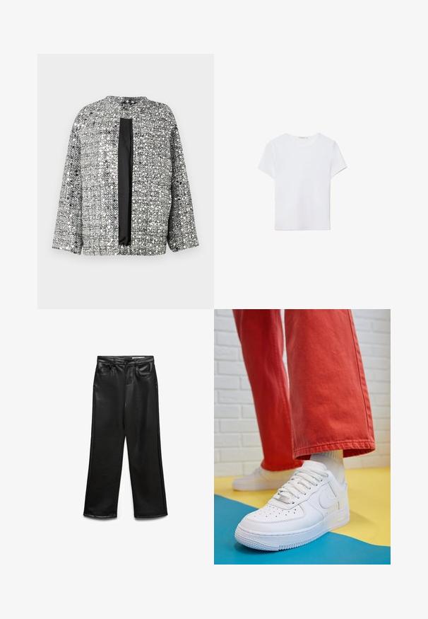 Black and silver woven jacket with a round neck, open front, and three-quarter sleeves. Textured fabric with a shimmering finish.; White short-sleeve t-shirt made of soft fabric. Features a round neckline and a simple, clean design with a straight hemline.; Black faux leather wide-leg pants with front pockets, belt loops, and subtle sheen. Smooth texture and tailored fit.; White leather sneaker with perforated toe box, textured sole, and white laces, paired with wide red pants and a blue and yellow background.