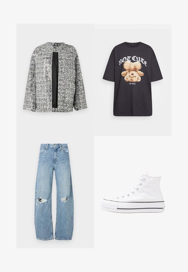 Schwarze und silberne gewebte Jacke mit Rundhalsausschnitt, offenem Vorderteil und dreiviertellangen Ärmeln. Strukturierter Stoff mit schimmerndem Finish.; Schwarzes, übergroßes T-Shirt mit einem Grafikdruck eines Bären und dem Text "NICHT SÜß, SONDERN WILD" in fetter, weißer Schrift. Baumwollmaterial.; Helles, hochtailliertes Jeans aus Denim. Hat weit geschnittene Beine, zwei aufgerissene Kniebereiche und klassischen Fünf-Taschen-Stil.; Weiße hochwertige Leinensneaker mit schwarzer Gummisohle, vorderem Gummizehenschutz und sechs Ösen für Schnürsenkel, die ein sauberes, minimalistisches Design aufweisen.