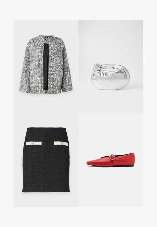 Black and silver woven jacket with a round neck, open front, and three-quarter sleeves. Textured fabric with a shimmering finish.; White sleeveless tank top made of ribbed fabric, featuring a rounded neckline and a fitted silhouette, with minimal seams and no embellishments.; Black tweed skirt with textured fabric and a fitted design. Features two white pocket accents with gold-tone buttons.; Red leather flat shoe with a pointed toe, featuring a side strap with a metal buckle and a low black heel. Smooth texture throughout.; Silver metallic pouch bag with a soft, rounded shape and a knotted top closure. Made from smooth faux leather material.