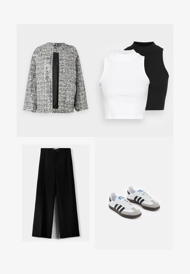 Zwarte en zilveren geweven jas met een ronde hals, open voorkant en driekwart mouwen. Gelaagde stof met een glanzende afwerking.; Twee mouwloze ribgebreide coltruien in zwart en wit, met een slim fit ontwerp en een gladde textuur, met een cropped lengte.; Zwarte wijde broek van lichtgewicht stof, met een knoopsluiting aan de voorkant en een vlakke achterkant, afgewerkt met keurig gestikte zoom.; Sportschoenen met een witte leren bovenkant, grijze suède neus en drie zwarte strepen. Bevat een blauw logo op de tong en een gestructureerde rubberen zool.