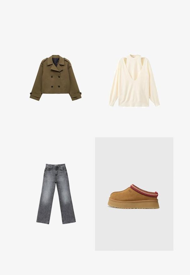 Olivi vihreä lyhyt kaksirivinen takki, jossa on lovellinen kaulus, mustat napit ja kaksi etutaskua; varustettu rakenteellisilla hartioilla ja hihoilla.; Kermanvärinen pitkähihaisen paita, jossa on syvä V-pääntie ja leikatut olkapäät. Pehmeä kangas, rento malli sekä ribbireunukset kaula-aukossa ja hihoissa.; Lahtikujuga tumehallid denim teksad, millel on pleekinud viimistlus, viis taskut, nööbi kinnitus ja peened õmbluse detailid.; Ruskosuede-lenkkari, jossa on punavalkoinen kuvioitu reunus, teksturoidun pohjan ja UGG-logo sivussa. Sisältää kevyen korotuksen.