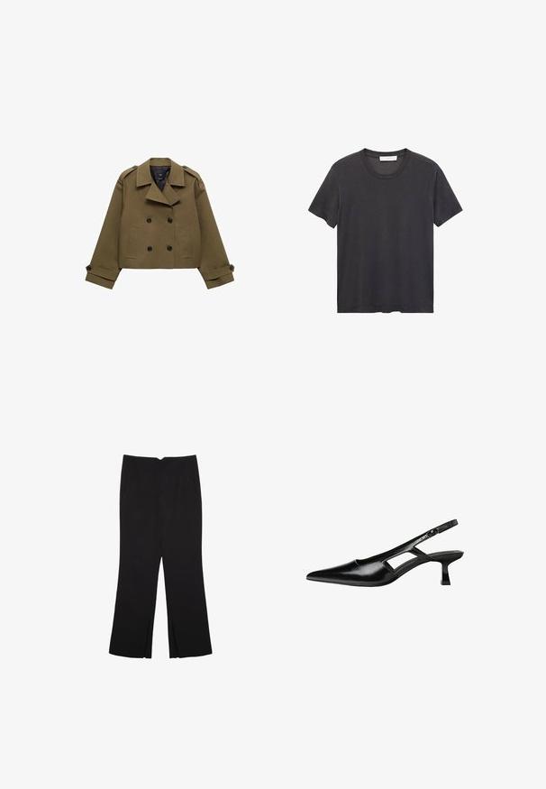 Giacca corta doppiopetto verde oliva con colletto a lancia, bottoni neri e due tasche frontali; presenta spalle e polsini strutturati.; T-shirt nera a girocollo realizzata in cotone morbido. Maniche corte, vestibilità rilassata e orlo dritto senza decorazioni né motivi.; Pantaloni neri a gamba dritta, con tasche frontali e spacchi laterali all'orlo. Realizzati in tessuto morbido e liscio. Adatti a diverse occasioni.; Tacchi slingback in pelle verniciata nera con punta affusolata, design con tagli laterali e tacco quadrato piccolo. Texture liscia con dettagli minimi.