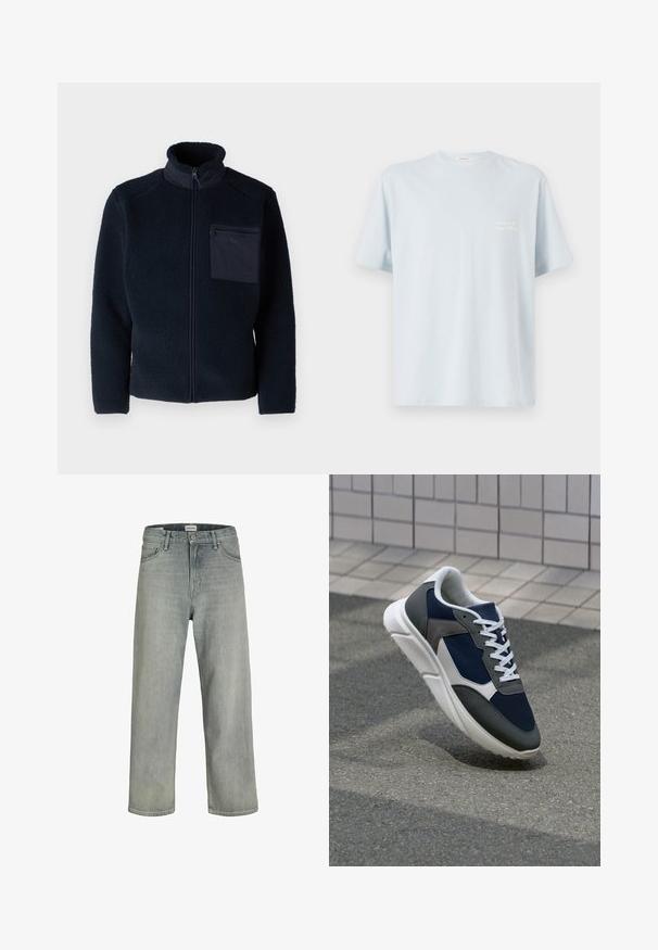 Only & Sons ONSDALLAS JACKET - Casaco polar - dark navy; T-shirt de algodão azul claro com decote redondo e mangas curtas. Apresenta um pequeno logótipo branco na área do lado esquerdo do peito. Textura suave.; Jeans soltos de cor cinza claro feitos de denim. Apresentam um design clássico de cinco bolsos, passadores para cinto e uma silhueta de perna reta.; Sapatilha com parte superior em malha azul-marinho, detalhes em camurça cinza, sola de borracha branca e atacadores brancos planos, projetada para conforto e respirabilidade.