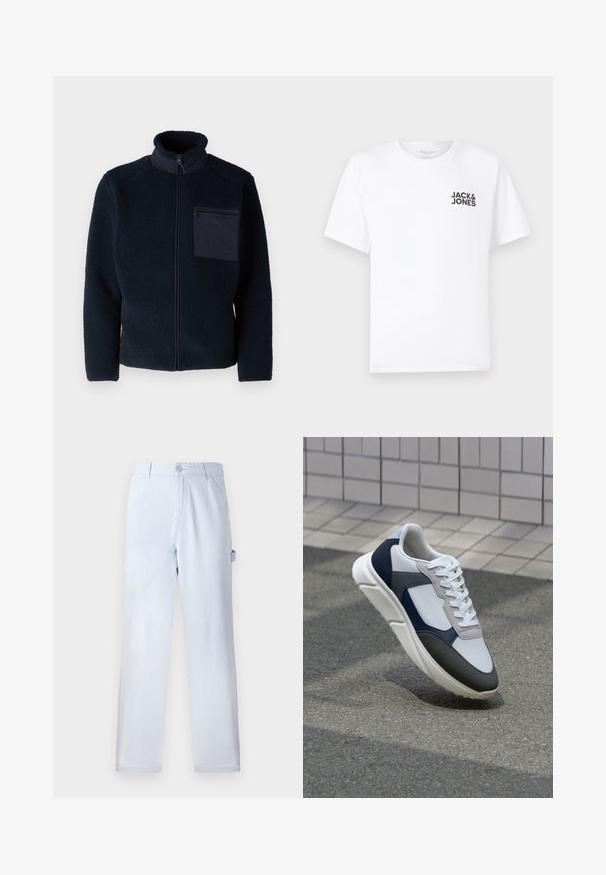 Only & Sons ONSDALLAS granatowy; Biała bawełniana koszulka, krótki rękaw, okrągły dekolt. Posiada czarny tekst logo "JACK & JONES" po lewej stronie klatki piersiowej. Prosty, gładki design.; Jasnoniebieskie spodnie w paski, wykonane z bawełny. Prosty krój nogawki, z zapięciem na guzik z przodu i kieszeniami bocznymi. Miękka tekstura.; Białe, granatowe i szare sneakersy o mieszanej konstrukcji, z teksturowanym wierzchem, płaskimi sznurowadłami i amortyzowaną podeszwą.