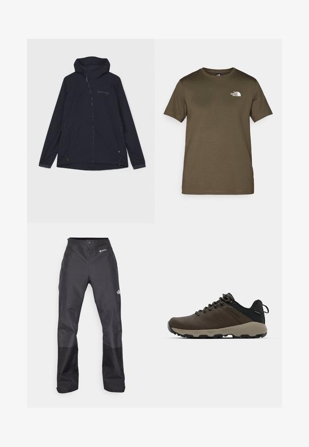 Klättermusen HOODED JACKET - Soft shell jacket - black; Olive green cotton t-shirt with short sleeves, crew neck, and a white logo on the left chest. Smooth fabric texture, regular fit.; Black waterproof pants with a smooth texture, featuring a GORE-TEX logo on the front, and reinforced lower legs for durability.; Brown waterproof sneakers with a textured upper, perforated accents, black heel support, and a grey rubber sole. Laces are styled with metallic ends.