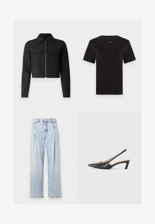 Crna skraćena jakna s patentnim zatvaračem sprijeda, dugim rukavima i dva džepa na prsima; izrađena od glatke, teksturirane tkanine.; Crna pamučna majica s kratkim rukavima, okruglim izrezom i malim bijelim logom "Calvin Klein" na prsima. Glatka tekstura, klasičan kroj.; Svijetloplavi traperice s visokim strukom, širokim krojem, dva bočna džepa i naboranim dizajnom. Mekana tekstura s izblijedjelim završetkom.; Crne cipele s izduženim vrhom i remenom oko pete, s niskom petom, izrađene od glatke kože i s izrezbarenom stranom radi prozračnosti.