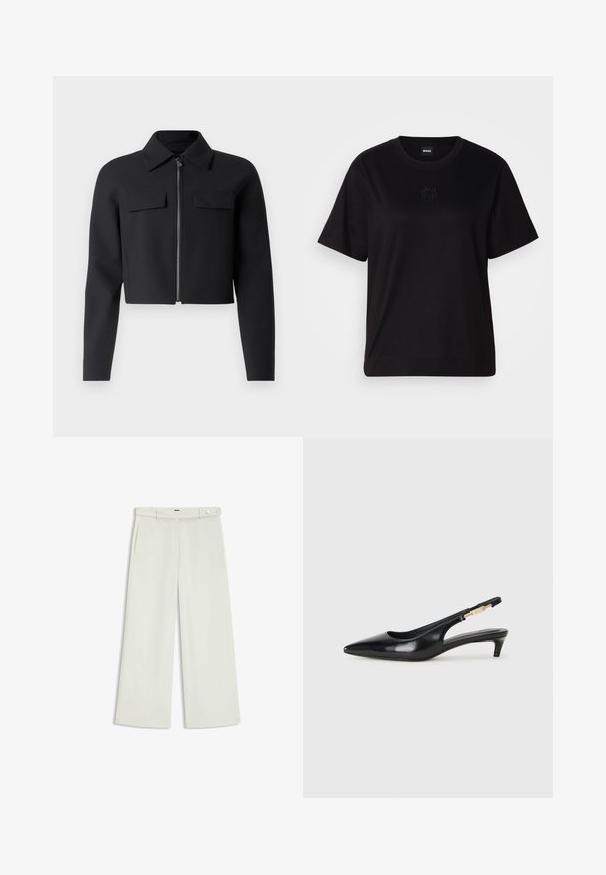 Schwarze, kurz geschnittene Jacke mit Reißverschluss vorne, langen Ärmeln und zwei Brusttaschen; aus glattem, strukturiertem Stoff.; Schwarzes Baumwoll-T-Shirt mit Rundhalsausschnitt, kurzen Ärmeln und aufgesticktem Logo auf der Brust. Einfacher, lässiger Schnitt ohne Muster.; Weite Hose aus zartem Creme-Stoff, mit seitlichen Taschen, flatem Bund und einer Knopfverschluss an der Taille. Glatte Textur.; Schwarze Leder-Slingback-Pumps mit spitzem Schuhblatt, ausgestattet mit einem schlanken Absatz und einem goldfarbigen Akzent am verstellbaren Riemen. Glatte Textur.