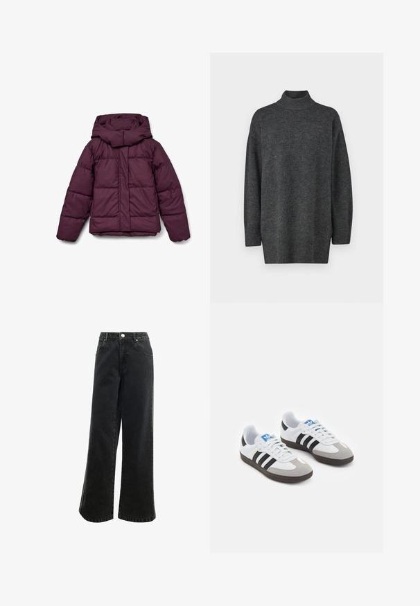 Giacca imbottita color marrone scuro con cappuccio ampio, caratterizzata da un design trapuntato e polsini elastici. La parte anteriore presenta una cerniera lunga e pannelli laterali.; Maglione grigio scuro, oversize, con collo alto realizzato in morbido materiale a maglia, maniche lunghe e orlo a coste; texture liscia, design minimalista.; Pantaloni in denim nero a vita alta e gamba larga, con chiusura a bottone, cinque tasche e un piccolo logo ricamato sul davanti. Tessuto testurizzato.; Scarpe sportive con tomaia in pelle bianca, punta in suede grigia e tre strisce nere. Presentano un logo blu sulla linguetta e una suola in gomma testurizzata.