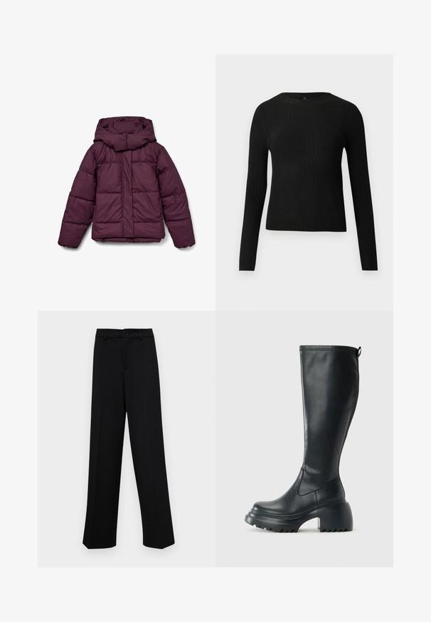 Vīna sarkanā pūšamā jaka ar lielu kapuci, ar apšuvumu un elastīgām aprocēm. Priekšpusē ir pilna garuma rāvējslēdzējs un sānu paneļi.; Melna, ribota, garām piedurknēm pieguļoša džemperis ar apaļu kakla izgriezumu, izlikta pret vienkāršu gaišu fonu.; Melnas platajās bikses, kas izgatavotas no gludas auduma, ar klasisku jostu un pogu aizdari, kā arī priekšējām kroku detalizācijām.; Augstas melnas ādas zābakus ar masīvu platformu un bloka papēdi, ar vilkšanas cilpu un strukturētu profilu uz ārējā zoles.