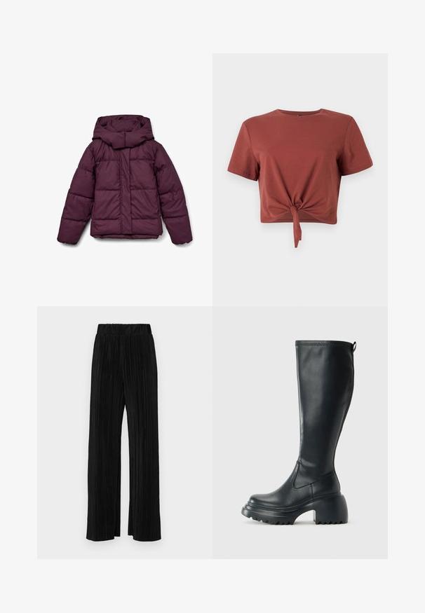 Tumepruun sulejope suure kapuutsiga, millel on tikitud muster ja elastsed mansetid. Ees on täispikk tõmblukk ja külgpaneelid.; Roostevärvi lühikeste varrukatega pehme puuvillane lühike särk, millel on sõlmedetail ees. Sile tekstuur, ümmargune kaelus.; Mustad pleekitud püksid elastse vöökohtaga. Omavad laiad jalad ja sujuvat, tekstureeritud kangast vertikaalsete triipudega.; Kõrge must nahksaapad, millel on massiivne platvormi tald ja blokk-kand, varustatud tõmbenööriga ja tekstuuriga väljatõmbejääk.