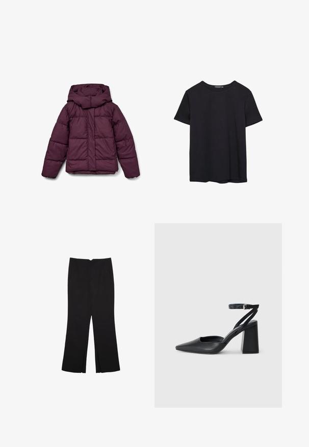 Bordowa pikowana kurtka puchowa z dużym kapturem, z przeszyciami i elastycznymi mankietami. Z przodu znajduje się zamek błyskawiczny na całej długości i boczne wstawki.; Prosta, krótko rękawowa czarna koszulka bawełniana z okrągłym dekoltem, prezentowana na białym tle.; Czarne spodnie o prostym kroju, z przednimi kieszeniami i bocznymi rozcięciami na dole. Wykonane z miękkiego, gładkiego materiału. Odpowiednie na różne okazje.; Czarne skórzane czółenka z ostrym noskiem, z paskiem na kostce i grubym obcasem. Gładka faktura, elegancki design i minimalistyczna estetyka.