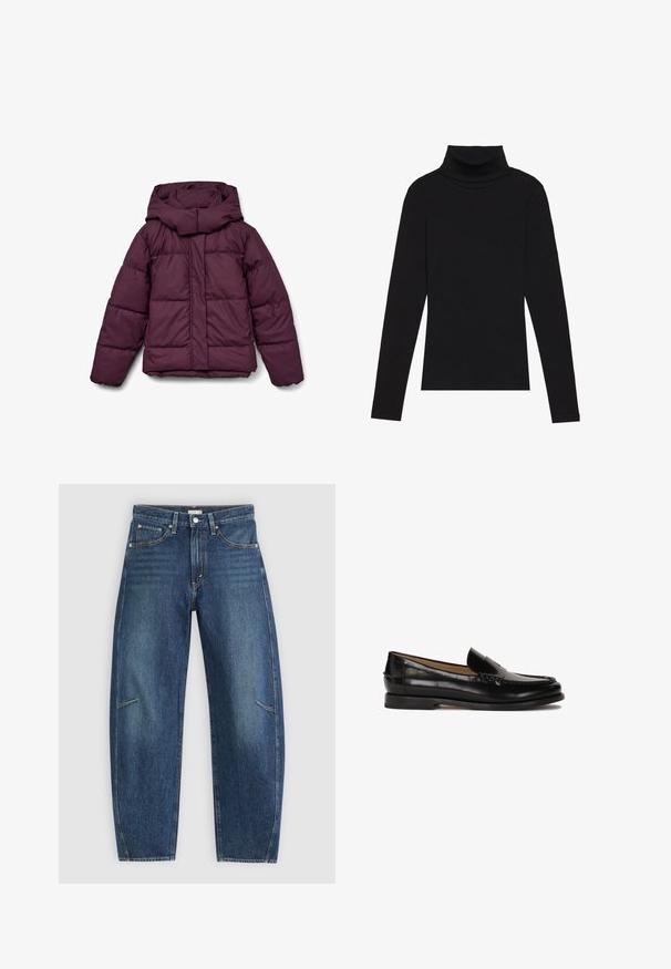 Tmavě červená péřová bunda s velkou kapucí, s prošitou konstrukcí a elastickými manžetami. Přední strana je opatřena celopropínacím zipem a postranními panely.; Černý rolák s dlouhým rukávem, vyrobený z žebrované látky, má upnutý střih s vysokým výstřihem a žádné vzory ani akcenty.; Tmavě modré džíny s rovnými nohavicemi, vybavené předními kapsami, kontrastním šitím a jemně vybledlou texturou na nohavicích.; Černé kožené mokasíny s kulatou špičkou, jednoduchým designem na obouvání a diskrétními prošívanými detaily na svršku. Plochá gumová podrážka.