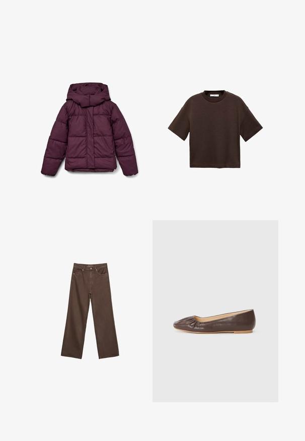 Tmavě červená péřová bunda s velkou kapucí, s prošitou konstrukcí a elastickými manžetami. Přední strana je opatřena celopropínacím zipem a postranními panely.; Hnědé tričko s krátkým rukávem vyrobené z měkké bavlny. Má kulatý výstřih a volný střih, s hladkou strukturou a bez viditelných vzorů.; Hnědé džíny s širokými nohavicemi vyrobené z denimu, s vysokým pasem, předními kapsami a klasickým zapínáním na knoflík. Hladká textura s jemným švem.; Hnědé kožené baletní byty s kulatou špičkou, s nařaseným detailem na přední části a plochou, světlou podrážkou.