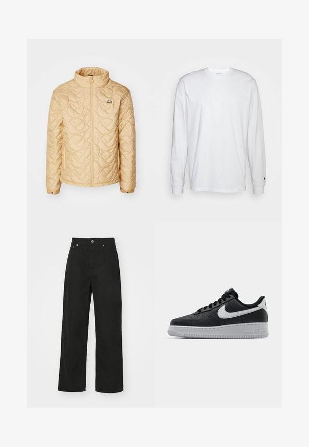 Light beige quilted jacket with high collar, full zipper, and circular pattern. Features a small logo on the chest and buttoned sleeve cuffs.; White long-sleeved T-shirt made of cotton. Crew neck design with ribbed cuffs and a small logo on the left sleeve. Smooth texture.; Black denim trousers with a straight leg design, featuring five pockets, a button closure, and a classic waistband. Smooth texture.; Black leather sneaker with textured surface, white Nike swoosh, gray sole, round toe, and lace-up design. Features perforations on toe box.