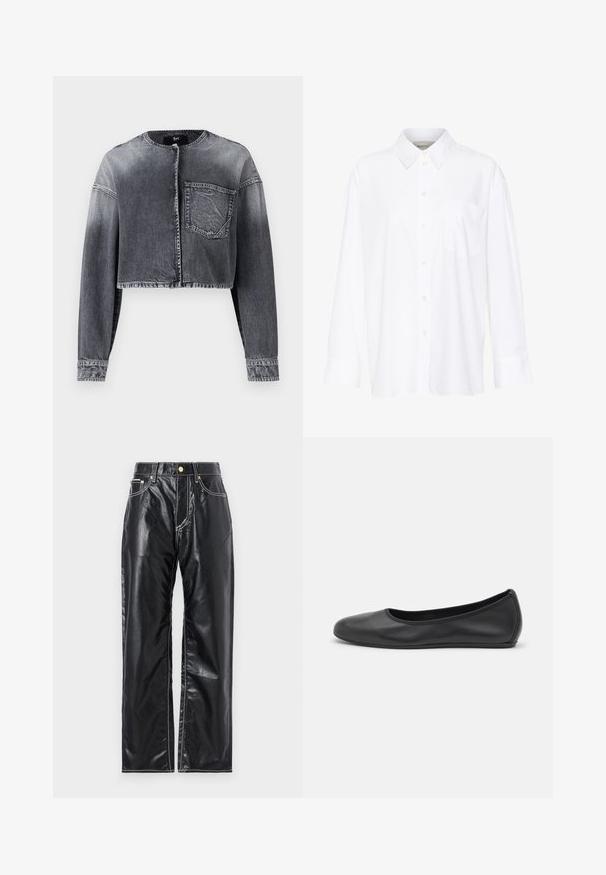Geknipte denimjack in vervaagd zwart, met lange mouwen, een ronde hals, sluiting met knopen aan de voorkant en een enkele borstzak.; Witte lange mouwen overhemd met kraag van katoen. Voorzien van een knoopsluiting aan de voorkant en een enkele borstzak. Een gladde textuur en een ontspannen pasvorm.; Zwarte neplederen broek met een wijduitlopende snit, voorzien van witte stiksels, voorzakken en een gouden knoop in de taille.; Zwarte leren ballerina met een ronde neus, gladde textuur, minimale stikdetails en een flexibele zoolontwerp.