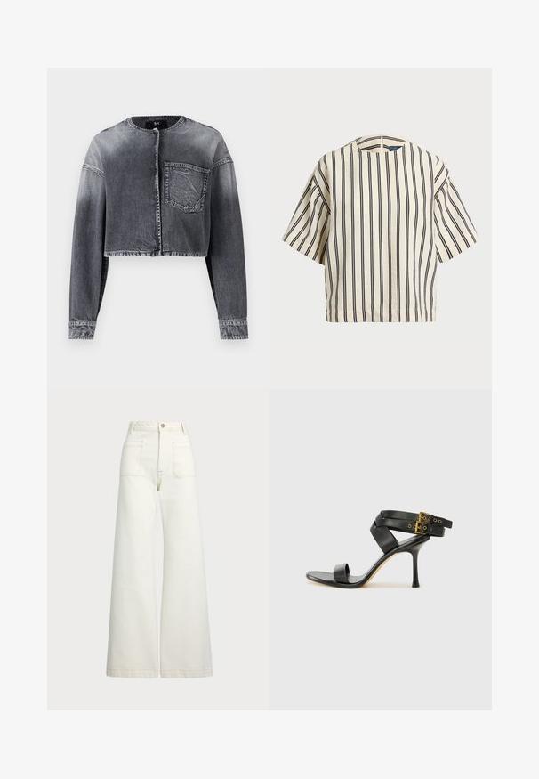 Chaqueta de mezclilla cortada en negro desgastado, con mangas largas, cuello redondo, cierre frontal de botones y un bolsillo en el pecho.; Top de manga corta a rayas en crema y azul marino, con cuello redondo y un diseño cuadrado, confeccionado en una tela texturizada.; Jeans de pierna ancha en denim color blanco roto. Diseño de cintura alta con cierre de botón, dos bolsillos frontales y detalles de costura en contraste.; Sandalia negra de tacón con correas cruzadas y hebilla ajustable. Presenta una textura suave y un tacón de aguja afilado.