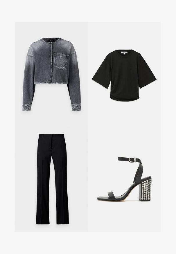 Jaqueta de ganga cortada em preto desbotado, com mangas longas, gola redonda, fecho frontal com botões e um bolso no peito.; Camiseta preta de manga curta feita de algodão macio, com decote redondo e um corte descontraído, apresentando um detalhe ligeiramente franzido na lateral.; Calças pretas de perna reta em tecido suave, com frente lisa, passantes para cinto e sem bolsos ou adornos visíveis.; Sandálias de salto em couro preto com tira no tornozelo. Apresentam uma ponta quadrada, textura suave e um salto quadrado decorado com tachas prateadas.