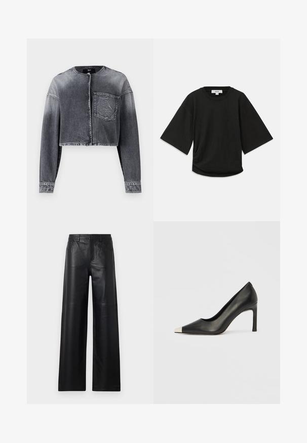 Geknipte denimjack in vervaagd zwart, met lange mouwen, een ronde hals, sluiting met knopen aan de voorkant en een enkele borstzak.; Zwarte korte mouwen t-shirt van zachte katoen, met een ronde halslijn en een ontspannen pasvorm, voorzien van een subtiele geplooide detail aan de zijkant.; Zwarte leren broek met wijde pijpen en een gladde textuur, voorzien van voorzakken, een knoopsluiting en subtiele stiksels.; Zwarte leren hoge hak met een spits toelopende neus en een metalen zilverkleurige kap. Heeft een gladde afwerking en een slanke hak van 10 cm.