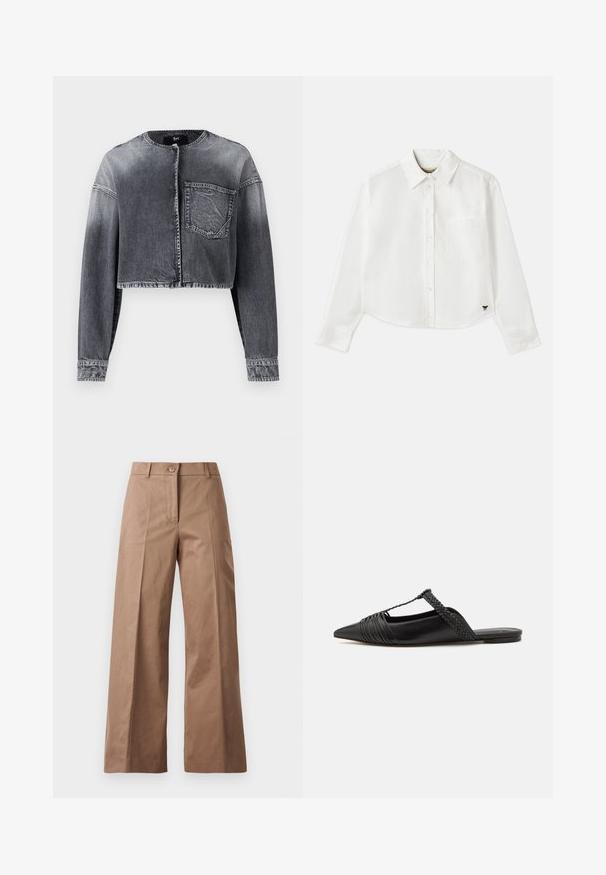 Lühendatud teksajakk tuhmmust mustast, millel on pikad varrukad, ümmargune kaelus, ees nup closure ja üks rinna tasku.; Valge lühikesed varrukad puuvillane särk. Omab nööbiga esist, rinna taskut ning väikest musta logo all vasakul.; Pruunid lai jalgadega püksid, mis on valmistatud siledast kangast, esise nööbiga kinnitusega, kahte esist taskut ja puhtaid, vormitud jooni.; Must kuulsad nahast kandadega kingad, millel on terav nina, koos kootud detaili ja volditud ülaosaga. Lame tald minimaalse riistvaraga.