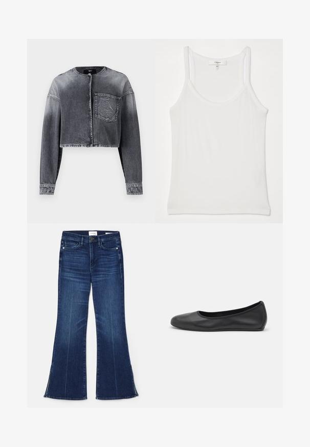 Jachetă din denim scurtă, de culoare gri închis, cu mâneci lungi, decolteu rotund, închidere frontală cu butoane și un singur buzunar pe piept.; Top alb fără mâneci, fabricat dintr-un material moale, cu textură ribbed; are bretele subțiri și un decolteu rotund, eticheta spune "FRAME."; Jeans evazate de culoare albastră închisă, fabricate din denim. Prezintă o talie înaltă, buzunare frontale și detalii cu fante la tiv. Design clasic cu cinci buzunare.; Balerini din piele neagră, cu vârf rotund, textură netedă, detalii de cusătură minimale și un design al tălpii flexibil.