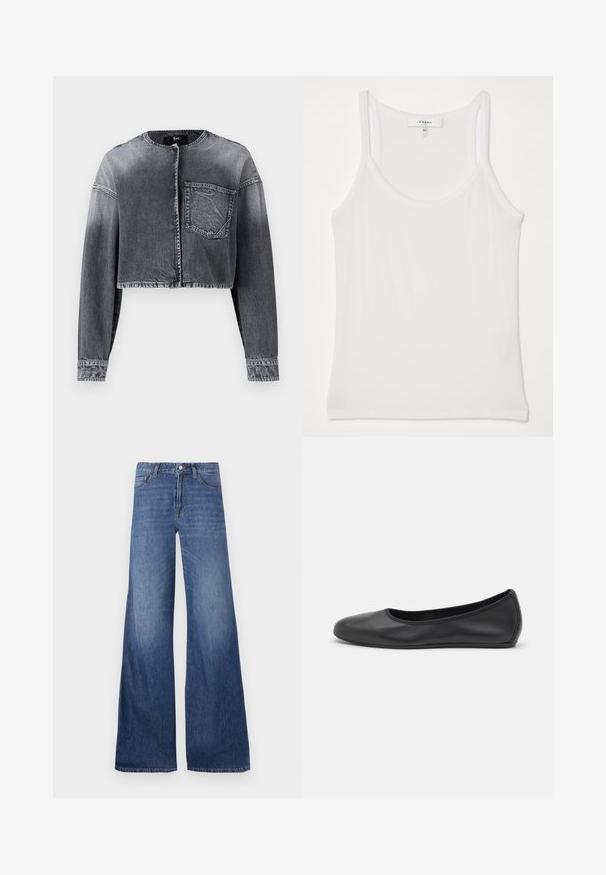 Lyhyt farkkutakki haalistuneessa mustassa, jossa on pitkät hihat, pyöreä kaula-aukko, etupainike-kiinnitys ja yksi rintatasku.; Valkoinen ilman hihoja oleva toppi, joka on valmistettu pehmeästä, urituksesta; siinä on ohuet olkaimet ja pyöreä kaula-aukko, jossa on ; Laivahenkiset farkut keskisinisellä pesulla, joissa on viisi taskua, vyölenkit ja nappikiinnitys. Sujuva pinta, jossa on kevyt kulutus.; Musta nahkainen ballerina, jossa on pyöristetty kärki, sileä pinta, minimaalinen ommelkoristelu ja joustava pohjamuotoilu.