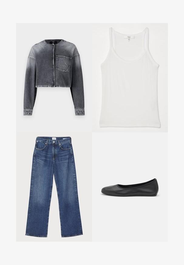 Jachetă din denim scurtă, de culoare gri închis, cu mâneci lungi, decolteu rotund, închidere frontală cu butoane și un singur buzunar pe piept.; Top alb fără mâneci, fabricat dintr-un material moale, cu textură ribbed; are bretele subțiri și un decolteu rotund, eticheta spune "FRAME."; Citizens of Humanity ANNINA - Blugi drepți - westwood dark indigo; Balerini din piele neagră, cu vârf rotund, textură netedă, detalii de cusătură minimale și un design al tălpii flexibil.